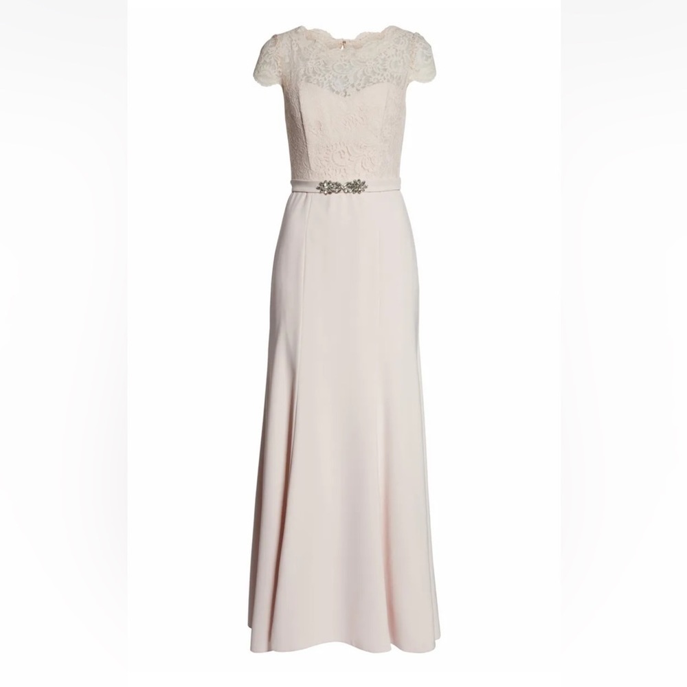 JENNY PACKHAM LACE & CREPE COLUMN GOWN IN BLUSH SIZE 10